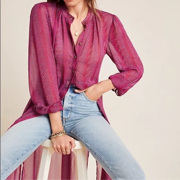 Anthropologie Maeve Imogen Long Sheer Button Front Tunic Top Size 6 - Picture 1 of 14